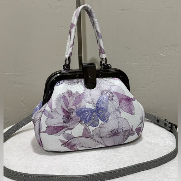 Butterfly Print Cowhide Leather Handmade Rivet Frame Push Lock Multi Use Handbag - Picture 1 of 16
